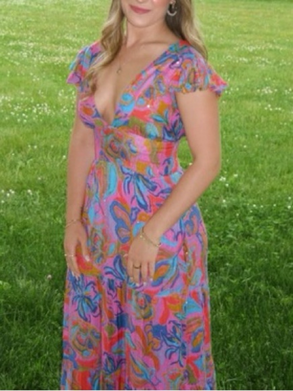 Caroline Constas Floral & Sequin Pink Colorful
Midi Tea Dress Sz: Large